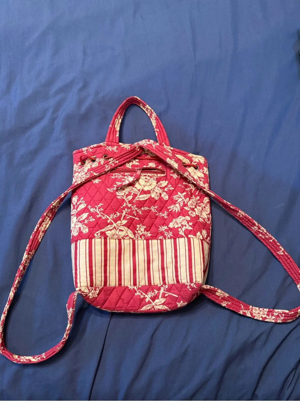 Quilted Floral Stripe Drawstring Backpack - Red